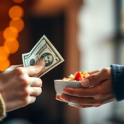 A close-up shot of two hands interacting, one hand gracefully holding a dollar bill, while the other hand is offering a bowl of food