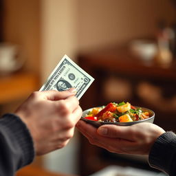 A close-up shot of two hands interacting, one hand gracefully holding a dollar bill, while the other hand is offering a bowl of food