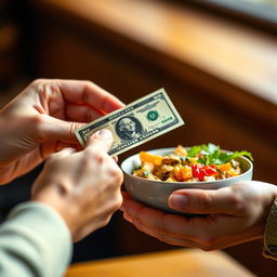 A close-up shot of two hands interacting, one hand gracefully holding a dollar bill, while the other hand is offering a bowl of food