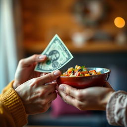 A close-up shot of two hands interacting, one hand gracefully holding a dollar bill, while the other hand is offering a bowl of food