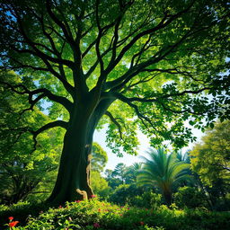 A majestic and vibrant tree standing tall in a lush green forest, with a thick trunk and a wide canopy filled with rich green leaves