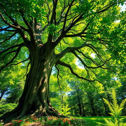 A majestic and vibrant tree standing tall in a lush green forest, with a thick trunk and a wide canopy filled with rich green leaves