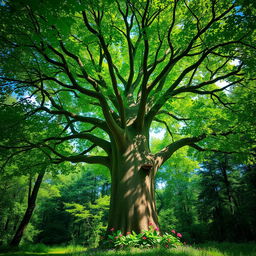 A majestic and vibrant tree standing tall in a lush green forest, with a thick trunk and a wide canopy filled with rich green leaves