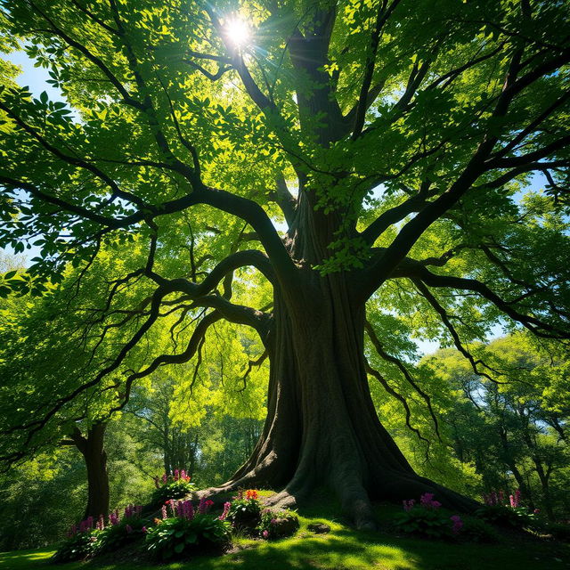 A majestic and vibrant tree standing tall in a lush green forest, with a thick trunk and a wide canopy filled with rich green leaves