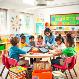 A bright and cheerful classroom setting filled with children's mathematics educational materials