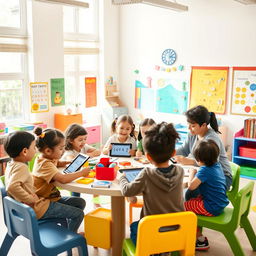 A bright and cheerful classroom setting filled with children's mathematics educational materials
