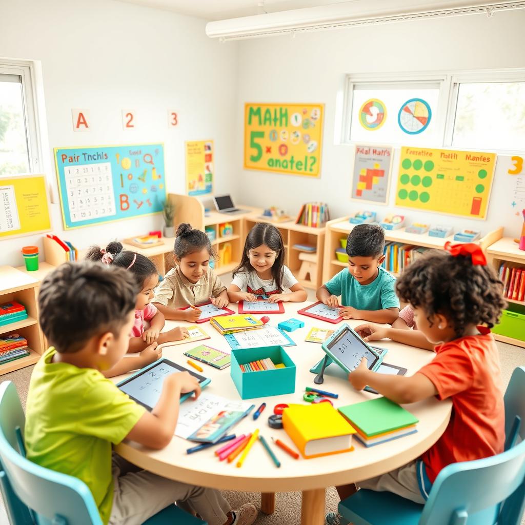 A bright and cheerful classroom setting filled with children's mathematics educational materials