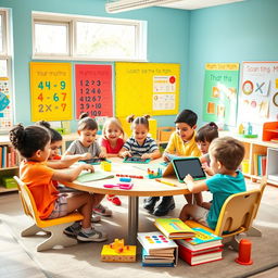 A bright and cheerful classroom setting filled with children's mathematics educational materials