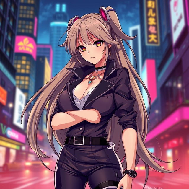 A stylish and confident female character inspired by the concept of a 'baddie' in anime style, featuring long flowing hair, dressed in a striking and fashionable outfit that combines elegant elements with urban streetwear flair