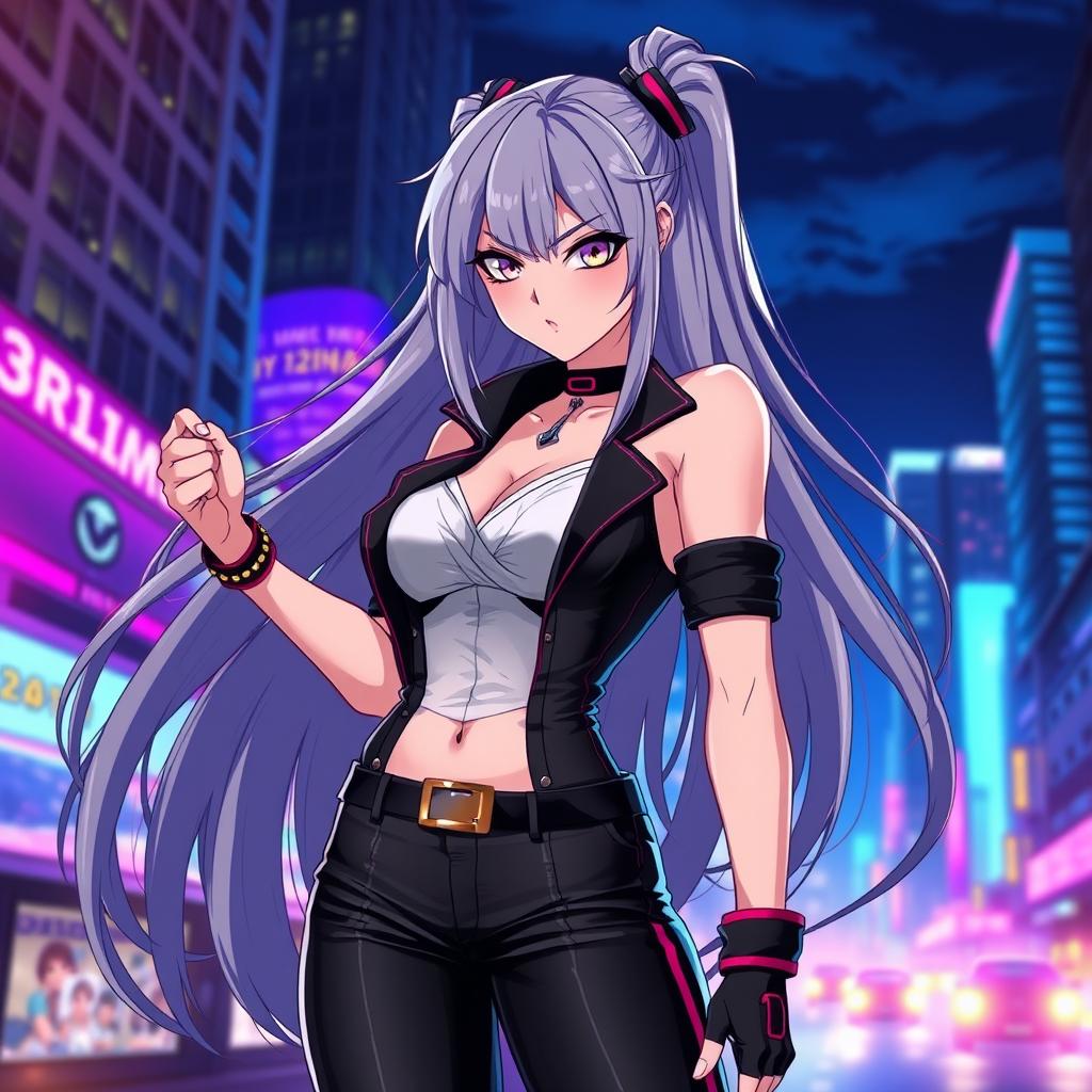 A stylish and confident female character inspired by the concept of a 'baddie' in anime style, featuring long flowing hair, dressed in a striking and fashionable outfit that combines elegant elements with urban streetwear flair