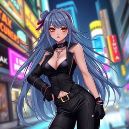 A stylish and confident female character inspired by the concept of a 'baddie' in anime style, featuring long flowing hair, dressed in a striking and fashionable outfit that combines elegant elements with urban streetwear flair