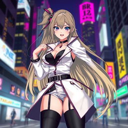 A stylish and confident female character inspired by the concept of a 'baddie' in anime style, featuring long flowing hair, dressed in a striking and fashionable outfit that combines elegant elements with urban streetwear flair