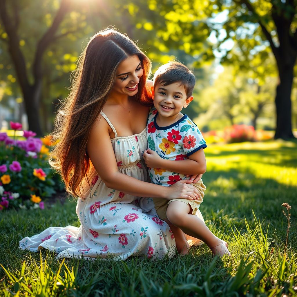 A touching scene of a mother and son sharing a warm moment together in a sunlit park