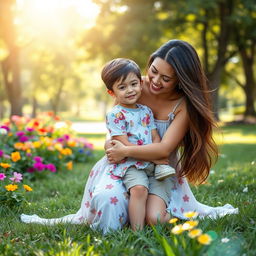 A touching scene of a mother and son sharing a warm moment together in a sunlit park