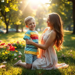 A touching scene of a mother and son sharing a warm moment together in a sunlit park