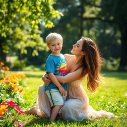 A touching scene of a mother and son sharing a warm moment together in a sunlit park