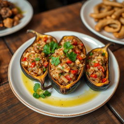 A beautifully arranged plate of Imam Bayildi, a traditional Turkish dish featuring stuffed eggplant