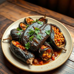 A beautifully arranged plate of Imam Bayildi, a traditional Turkish dish featuring stuffed eggplant