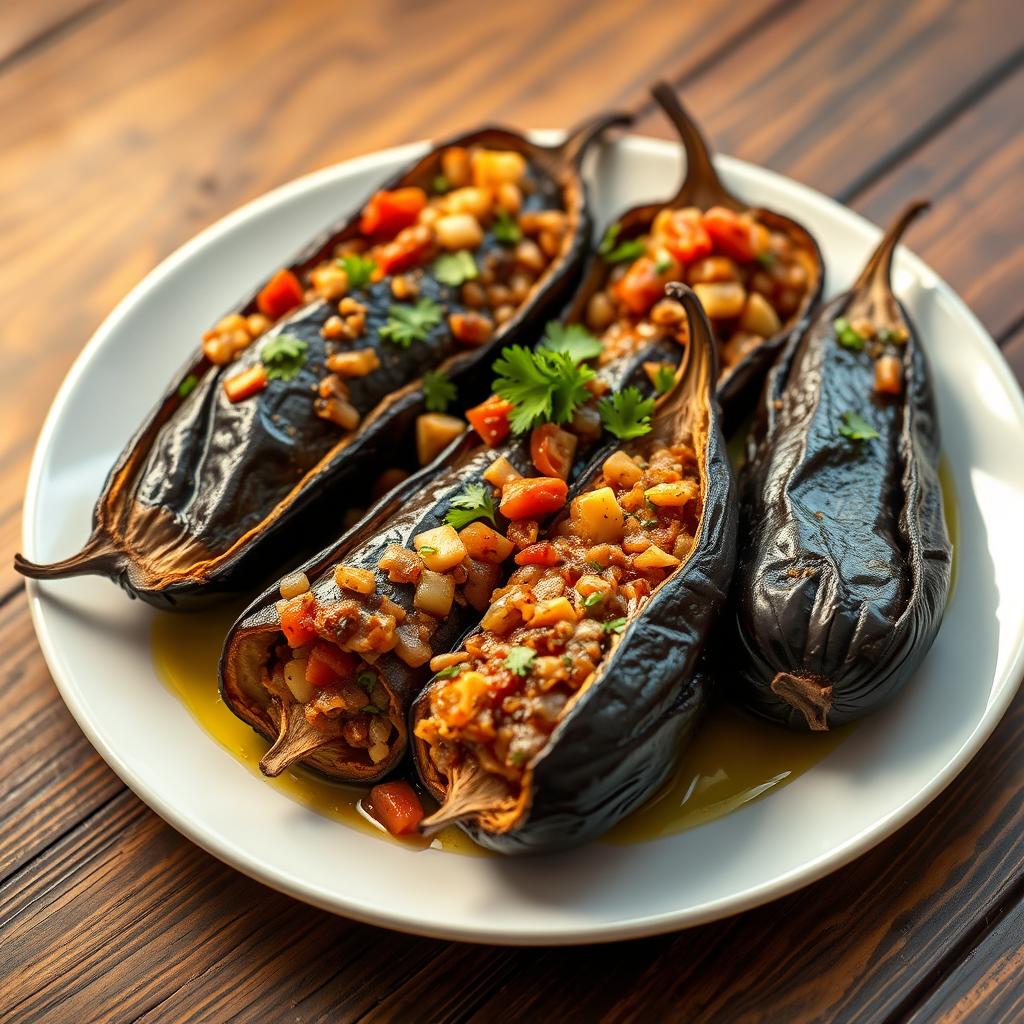 A beautifully arranged plate of Imam Bayildi, a traditional Turkish dish featuring stuffed eggplant