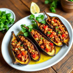 A beautifully arranged plate of Imam Bayildi, a traditional Turkish dish featuring stuffed eggplant