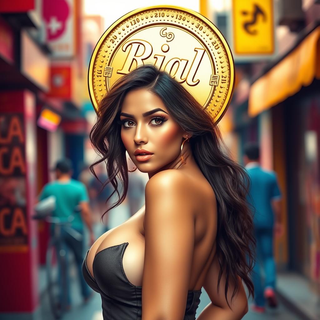 A stunningly beautiful lady with an alluring sexy body, where her head is uniquely shaped like a large coin featuring the word 'Rial' engraved on its surface