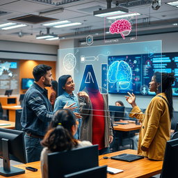 An engaging and visually stimulating depiction of artificial intelligence education, featuring a diverse group of students interacting with a holographic display of AI concepts