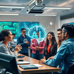 An engaging and visually stimulating depiction of artificial intelligence education, featuring a diverse group of students interacting with a holographic display of AI concepts