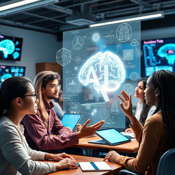 An engaging and visually stimulating depiction of artificial intelligence education, featuring a diverse group of students interacting with a holographic display of AI concepts