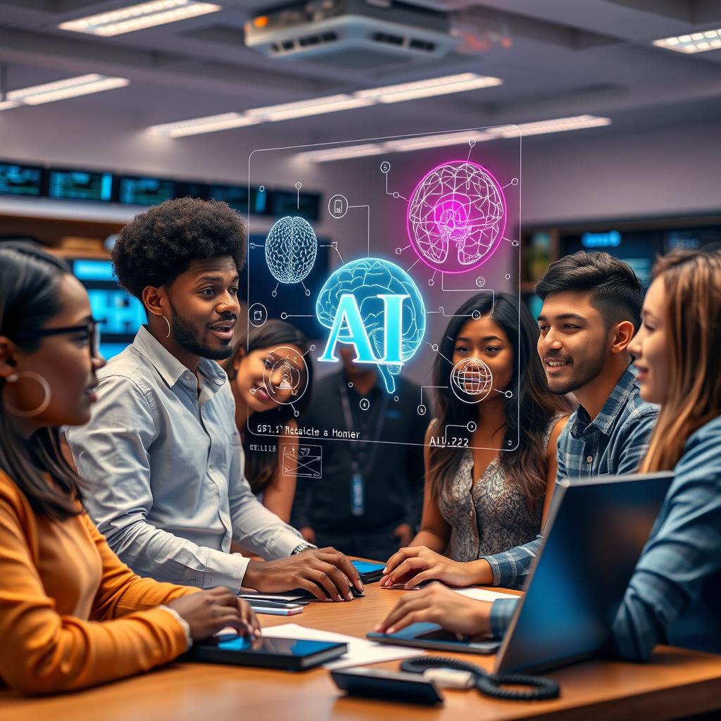 An engaging and visually stimulating depiction of artificial intelligence education, featuring a diverse group of students interacting with a holographic display of AI concepts