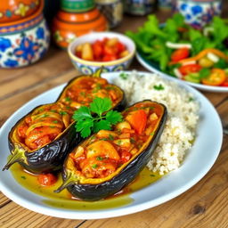 A beautifully presented plate of Imam Bayildi, featuring tender, stuffed eggplants filled with a savory mixture of tomatoes, onions, and garlic, drizzled with extra virgin olive oil