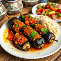 A beautifully presented plate of Imam Bayildi, featuring tender, stuffed eggplants filled with a savory mixture of tomatoes, onions, and garlic, drizzled with extra virgin olive oil
