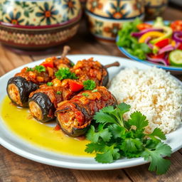 A beautifully presented plate of Imam Bayildi, featuring tender, stuffed eggplants filled with a savory mixture of tomatoes, onions, and garlic, drizzled with extra virgin olive oil
