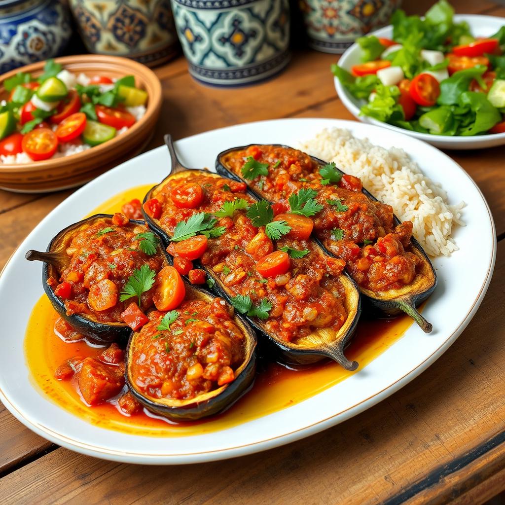 A beautifully presented plate of Imam Bayildi, featuring tender, stuffed eggplants filled with a savory mixture of tomatoes, onions, and garlic, drizzled with extra virgin olive oil