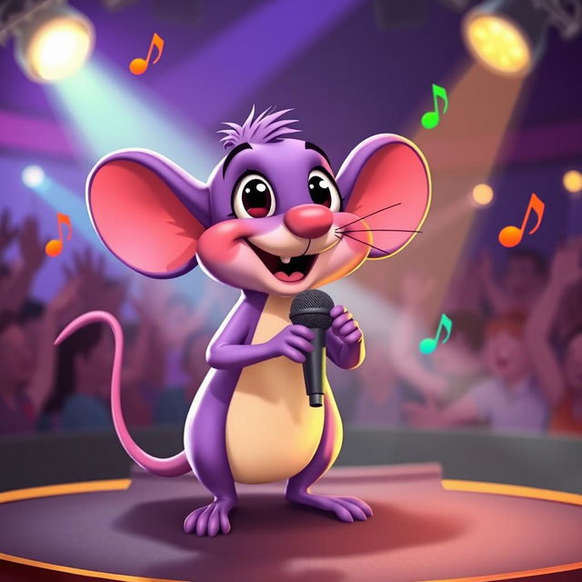 A cartoon-style purple mouse holding a microphone, passionately singing on a small stage