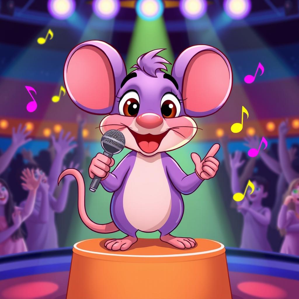 A cartoon-style purple mouse holding a microphone, passionately singing on a small stage