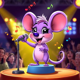 A cartoon-style purple mouse holding a microphone, passionately singing on a small stage