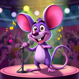 A cartoon-style purple mouse holding a microphone, passionately singing on a small stage