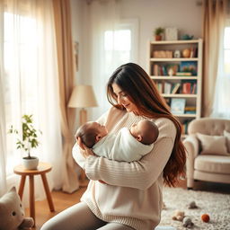 A serene and loving scene of a mother cradling her baby in a cozy living room