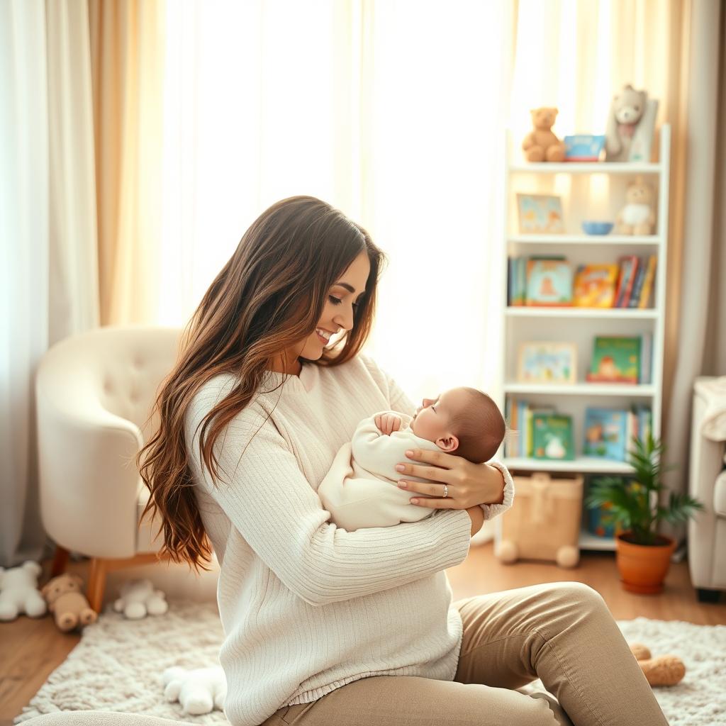 A serene and loving scene of a mother cradling her baby in a cozy living room