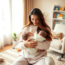 A serene and loving scene of a mother cradling her baby in a cozy living room