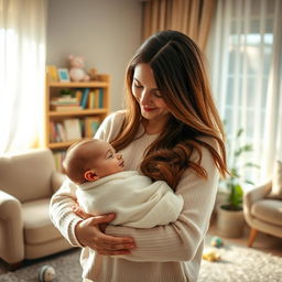 A serene and loving scene of a mother cradling her baby in a cozy living room
