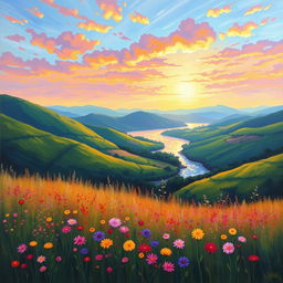 A vibrant painting of a beautiful landscape, featuring lush green hills, a serene river flowing through, and a sky filled with colorful sunset hues of orange, pink, and purple