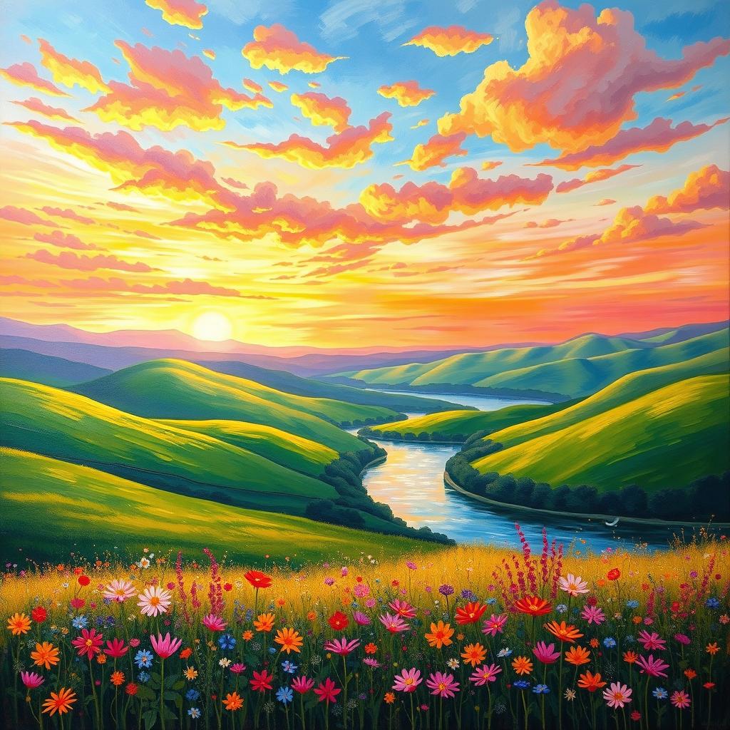 A vibrant painting of a beautiful landscape, featuring lush green hills, a serene river flowing through, and a sky filled with colorful sunset hues of orange, pink, and purple