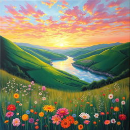 A vibrant painting of a beautiful landscape, featuring lush green hills, a serene river flowing through, and a sky filled with colorful sunset hues of orange, pink, and purple
