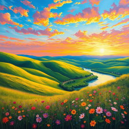 A vibrant painting of a beautiful landscape, featuring lush green hills, a serene river flowing through, and a sky filled with colorful sunset hues of orange, pink, and purple