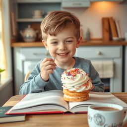 A cheerful boy sitting at a cozy table, enjoying a creamy pastry with a big smile on his face, while reading an open book