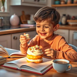 A cheerful boy sitting at a cozy table, enjoying a creamy pastry with a big smile on his face, while reading an open book