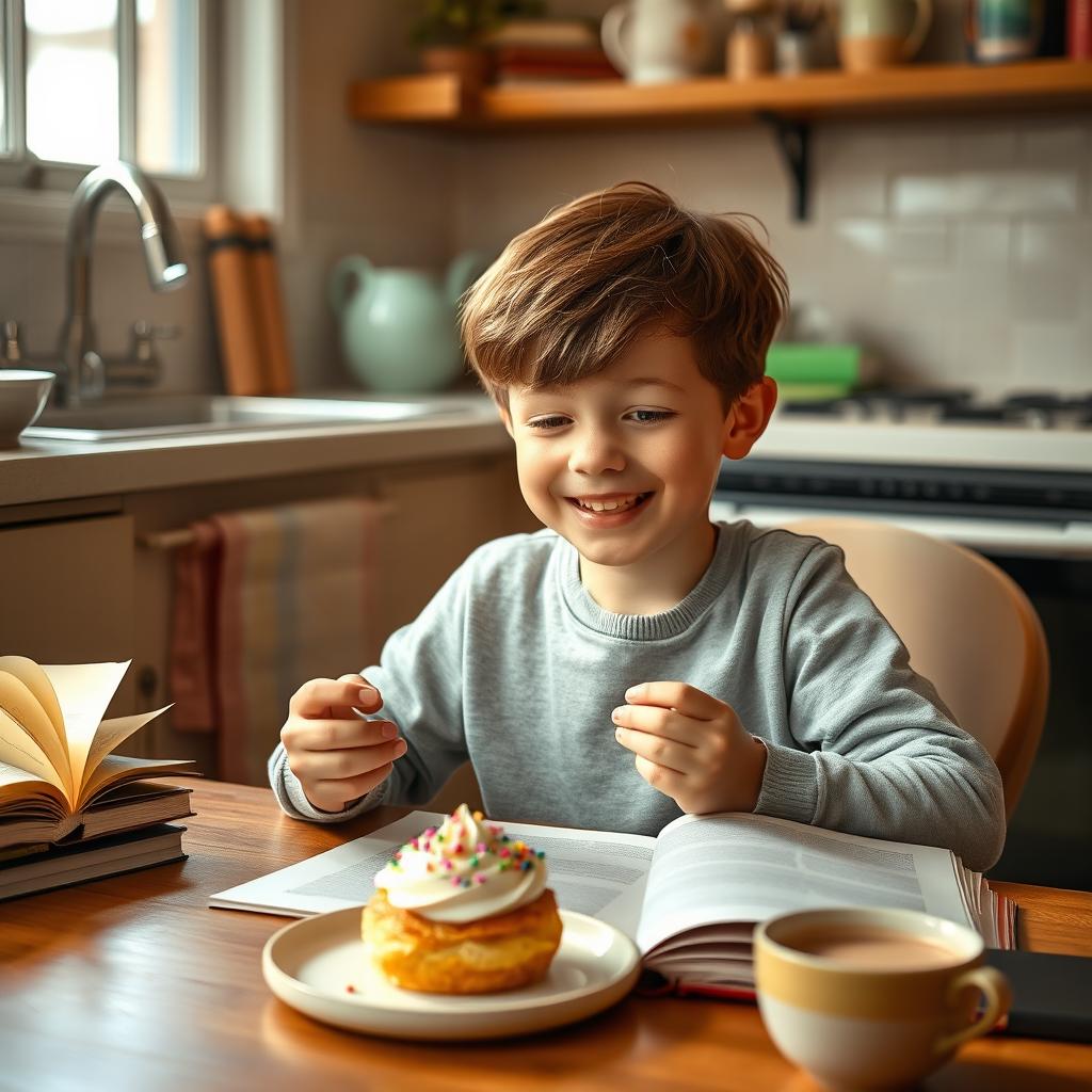 A cheerful boy sitting at a cozy table, enjoying a creamy pastry with a big smile on his face, while reading an open book