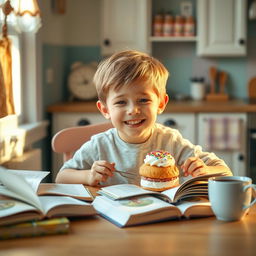 A cheerful boy sitting at a cozy table, enjoying a creamy pastry with a big smile on his face, while reading an open book