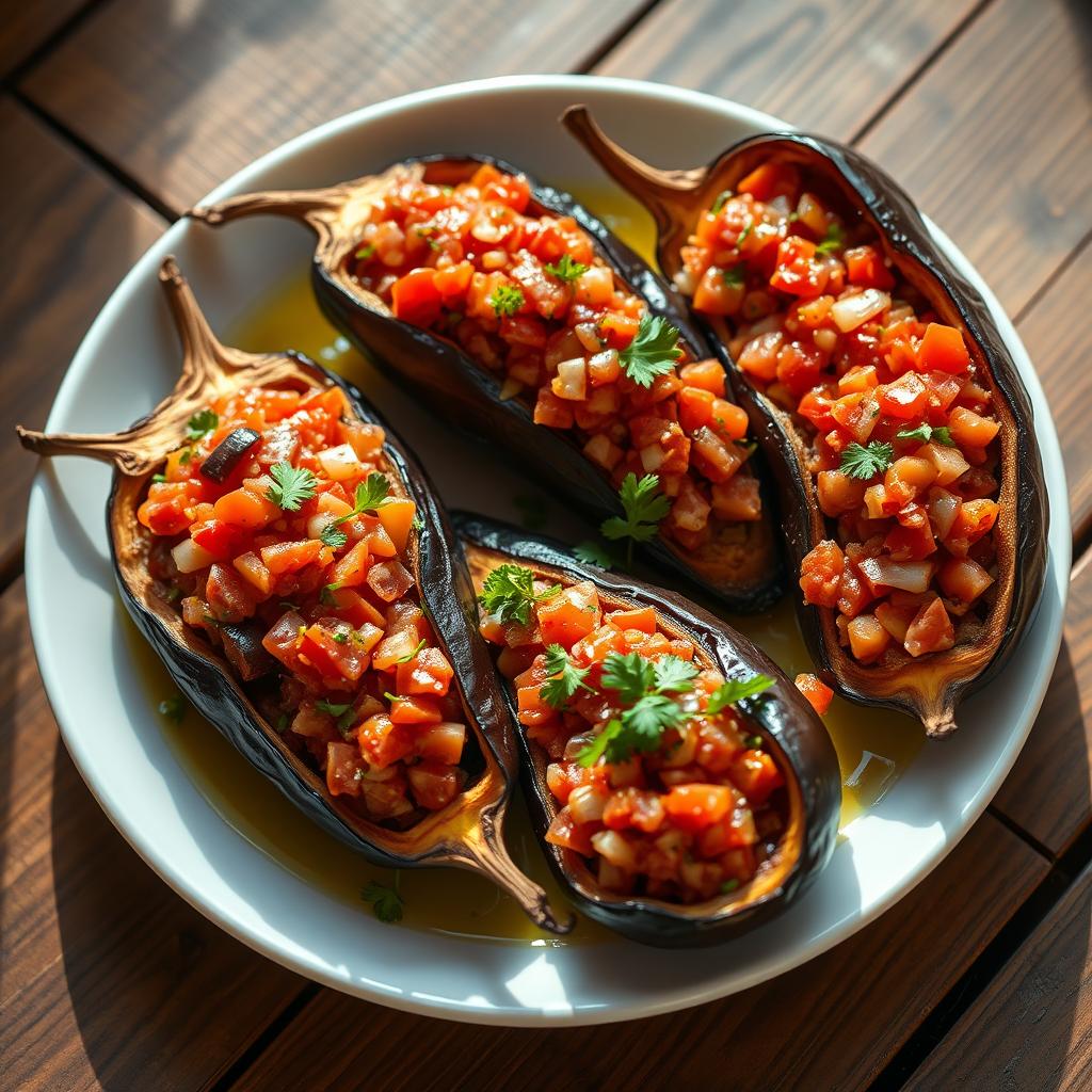 A beautifully arranged plate featuring Imam Bayildi, a traditional Turkish eggplant dish